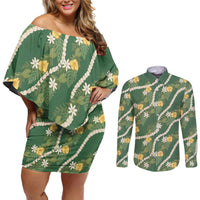 Hawaiian Pikake Maile Lei Couples Matching Off Shoulder Short Dress and Long Sleeve Button Shirt Tiare Hibiscus Kalo Palapalai Leaf Green