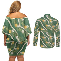 Hawaiian Pikake Maile Lei Couples Matching Off Shoulder Short Dress and Long Sleeve Button Shirt Tiare Hibiscus Kalo Palapalai Leaf Green
