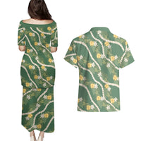 Hawaiian Pikake Maile Lei Couples Matching Puletasi and Hawaiian Shirt Tiare Hibiscus Kalo Palapalai Leaf Green
