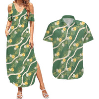 Hawaiian Pikake Maile Lei Couples Matching Summer Maxi Dress and Hawaiian Shirt Tiare Hibiscus Kalo Palapalai Leaf Green