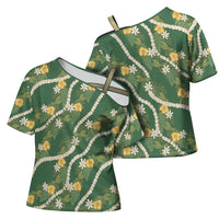 Hawaiian Pikake Maile Lei Cross Shoulder Shirt Tiare Hibiscus Kalo Palapalai Leaf Green