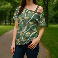 Hawaiian Pikake Maile Lei Cross Shoulder Shirt Tiare Hibiscus Kalo Palapalai Leaf Green