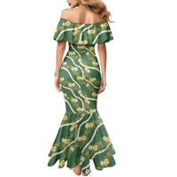 Hawaiian Pikake Maile Lei Family Matching Mermaid Dress and Hawaiian Shirt Tiare Hibiscus Kalo Palapalai Leaf Green LT19 - Polynesian Pride