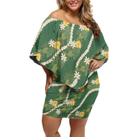 Hawaiian Pikake Maile Lei Off Shoulder Short Dress Tiare Hibiscus Kalo Palapalai Leaf Green LT19 Women Green - Polynesian Pride