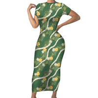 Hawaiian Pikake Maile Lei Short Sleeve Bodycon Dress Tiare Hibiscus Kalo Palapalai Leaf Green