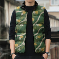 Hawaiian Pikake Maile Lei Sleeveless Puffer Jacket Tiare Hibiscus Kalo Palapalai Leaf Green