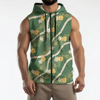 Hawaiian Pikake Maile Lei Sleeveless Zip Hoodie Tiare Hibiscus Kalo Palapalai Leaf Green