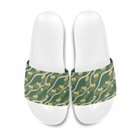 Hawaiian Pikake Maile Lei Slide Sandals Tiare Hibiscus Kalo Palapalai Leaf Green