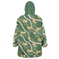 Hawaiian Pikake Maile Lei Wearable Blanket Hoodie Tiare Hibiscus Kalo Palapalai Leaf Green