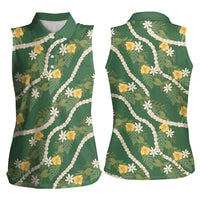 Hawaiian Pikake Maile Lei Women Sleeveless Polo Shirt Tiare Hibiscus Kalo Palapalai Leaf Green
