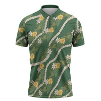 Hawaiian Pikake Maile Lei Zipper Polo Shirt Tiare Hibiscus Kalo Palapalai Leaf Green