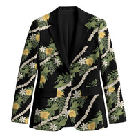 Hawaiian Pikake Maile Lei Blazer Tiare Hibiscus Kalo Palapalai Leaf Black
