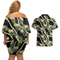Hawaiian Pikake Maile Lei Couples Matching Off Shoulder Short Dress and Hawaiian Shirt Tiare Hibiscus Kalo Palapalai Leaf Black