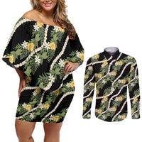 Hawaiian Pikake Maile Lei Couples Matching Off Shoulder Short Dress and Long Sleeve Button Shirt Tiare Hibiscus Kalo Palapalai Leaf Black