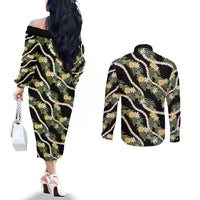 Hawaiian Pikake Maile Lei Couples Matching Off The Shoulder Long Sleeve Dress and Long Sleeve Button Shirt Tiare Hibiscus Kalo Palapalai Leaf Black