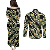 Hawaiian Pikake Maile Lei Couples Matching Puletasi and Long Sleeve Button Shirt Tiare Hibiscus Kalo Palapalai Leaf Black