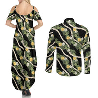 Hawaiian Pikake Maile Lei Couples Matching Summer Maxi Dress and Long Sleeve Button Shirt Tiare Hibiscus Kalo Palapalai Leaf Black