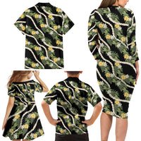 Hawaiian Pikake Maile Lei Family Matching Long Sleeve Bodycon Dress and Hawaiian Shirt Tiare Hibiscus Kalo Palapalai Leaf Black