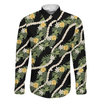 Hawaiian Pikake Maile Lei Family Matching Short Sleeve Bodycon Dress and Hawaiian Shirt Tiare Hibiscus Kalo Palapalai Leaf Black LT19 Dad's Shirt - Long Sleeve Black - Polynesian Pride