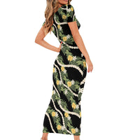 Hawaiian Pikake Maile Lei Family Matching Short Sleeve Bodycon Dress and Hawaiian Shirt Tiare Hibiscus Kalo Palapalai Leaf Black LT19 - Polynesian Pride