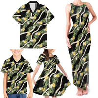 Hawaiian Pikake Maile Lei Family Matching Tank Maxi Dress and Hawaiian Shirt Tiare Hibiscus Kalo Palapalai Leaf Black