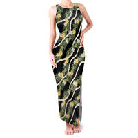 Hawaiian Pikake Maile Lei Family Matching Tank Maxi Dress and Hawaiian Shirt Tiare Hibiscus Kalo Palapalai Leaf Black