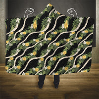 Hawaiian Pikake Maile Lei Hooded Blanket Tiare Hibiscus Kalo Palapalai Leaf Black