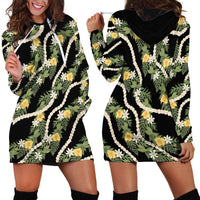 Hawaiian Pikake Maile Lei Hoodie Dress Tiare Hibiscus Kalo Palapalai Leaf Black