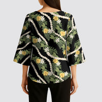 Hawaiian Pikake Maile Lei Kimono Sleeve Blouse Tiare Hibiscus Kalo Palapalai Leaf Black
