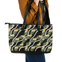 Hawaiian Pikake Maile Lei Leather Tote Bag Tiare Hibiscus Kalo Palapalai Leaf Black
