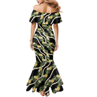 Hawaiian Pikake Maile Lei Mermaid Dress Tiare Hibiscus Kalo Palapalai Leaf Black