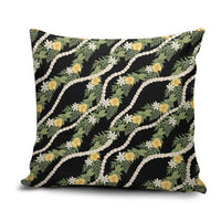 Hawaiian Pikake Maile Lei Pillow Cover Tiare Hibiscus Kalo Palapalai Leaf Black