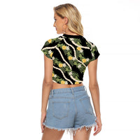 Hawaiian Pikake Maile Lei Raglan Cropped T Shirt Tiare Hibiscus Kalo Palapalai Leaf Black