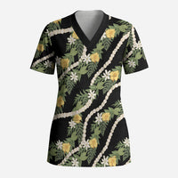 Hawaiian Pikake Maile Lei Scrub Top Tiare Hibiscus Kalo Palapalai Leaf Black