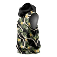 Hawaiian Pikake Maile Lei Sleeveless Hoodie Tiare Hibiscus Kalo Palapalai Leaf Black
