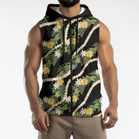 Hawaiian Pikake Maile Lei Sleeveless Zip Hoodie Tiare Hibiscus Kalo Palapalai Leaf Black