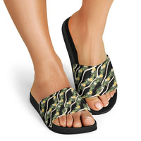 Hawaiian Pikake Maile Lei Slide Sandals Tiare Hibiscus Kalo Palapalai Leaf Black