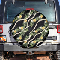 Hawaiian Pikake Maile Lei Spare Tire Cover Tiare Hibiscus Kalo Palapalai Leaf Black