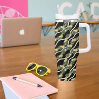 Hawaiian Pikake Maile Lei Tumbler With Handle Tiare Hibiscus Kalo Palapalai Leaf Black