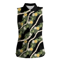 Hawaiian Pikake Maile Lei Women Sleeveless Polo Shirt Tiare Hibiscus Kalo Palapalai Leaf Black