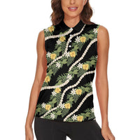 Hawaiian Pikake Maile Lei Women Sleeveless Polo Shirt Tiare Hibiscus Kalo Palapalai Leaf Black