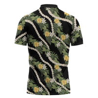 Hawaiian Pikake Maile Lei Zipper Polo Shirt Tiare Hibiscus Kalo Palapalai Leaf Black