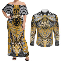 Aotearoa Iwi Ngati Whatua Personalised Couples Matching Off Shoulder Maxi Dress and Long Sleeve Button Shirt Maori Kowhaiwhai Pattern