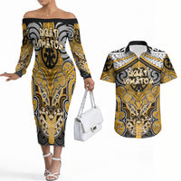 Aotearoa Iwi Ngati Whatua Personalised Couples Matching Off The Shoulder Long Sleeve Dress and Hawaiian Shirt Maori Kowhaiwhai Pattern
