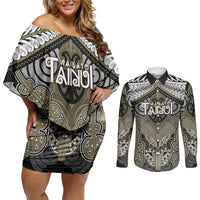Aotearoa Iwi Waikato Tainui Personalised Couples Matching Off Shoulder Short Dress and Long Sleeve Button Shirt Maori Kowhaiwhai Pattern