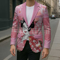 Japanese Geisha Cherry Blossom Blazer Pink Palaka Hawaii Pattern Fusion Design LT19 - Polynesian Pride