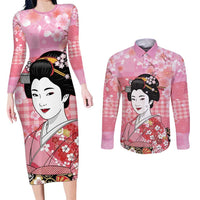 Japanese Geisha Cherry Blossom Couples Matching Long Sleeve Bodycon Dress and Long Sleeve Button Shirt Pink Palaka Hawaii Pattern Fusion Design