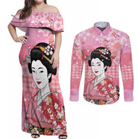 Japanese Geisha Cherry Blossom Couples Matching Off Shoulder Maxi Dress and Long Sleeve Button Shirt Pink Palaka Hawaii Pattern Fusion Design