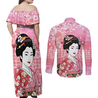 Japanese Geisha Cherry Blossom Couples Matching Off Shoulder Maxi Dress and Long Sleeve Button Shirt Pink Palaka Hawaii Pattern Fusion Design