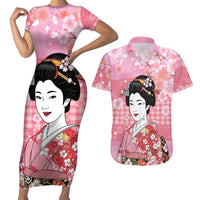 Japanese Geisha Cherry Blossom Couples Matching Short Sleeve Bodycon Dress and Hawaiian Shirt Pink Palaka Hawaii Pattern Fusion Design LT19 Pink - Polynesian Pride